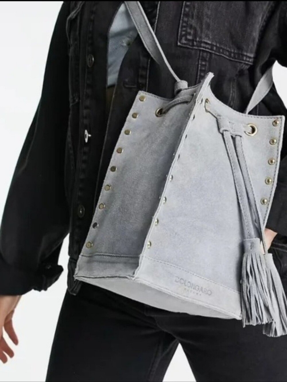 Bolongaro Light Gray Suede Bucket Bag with Tassel